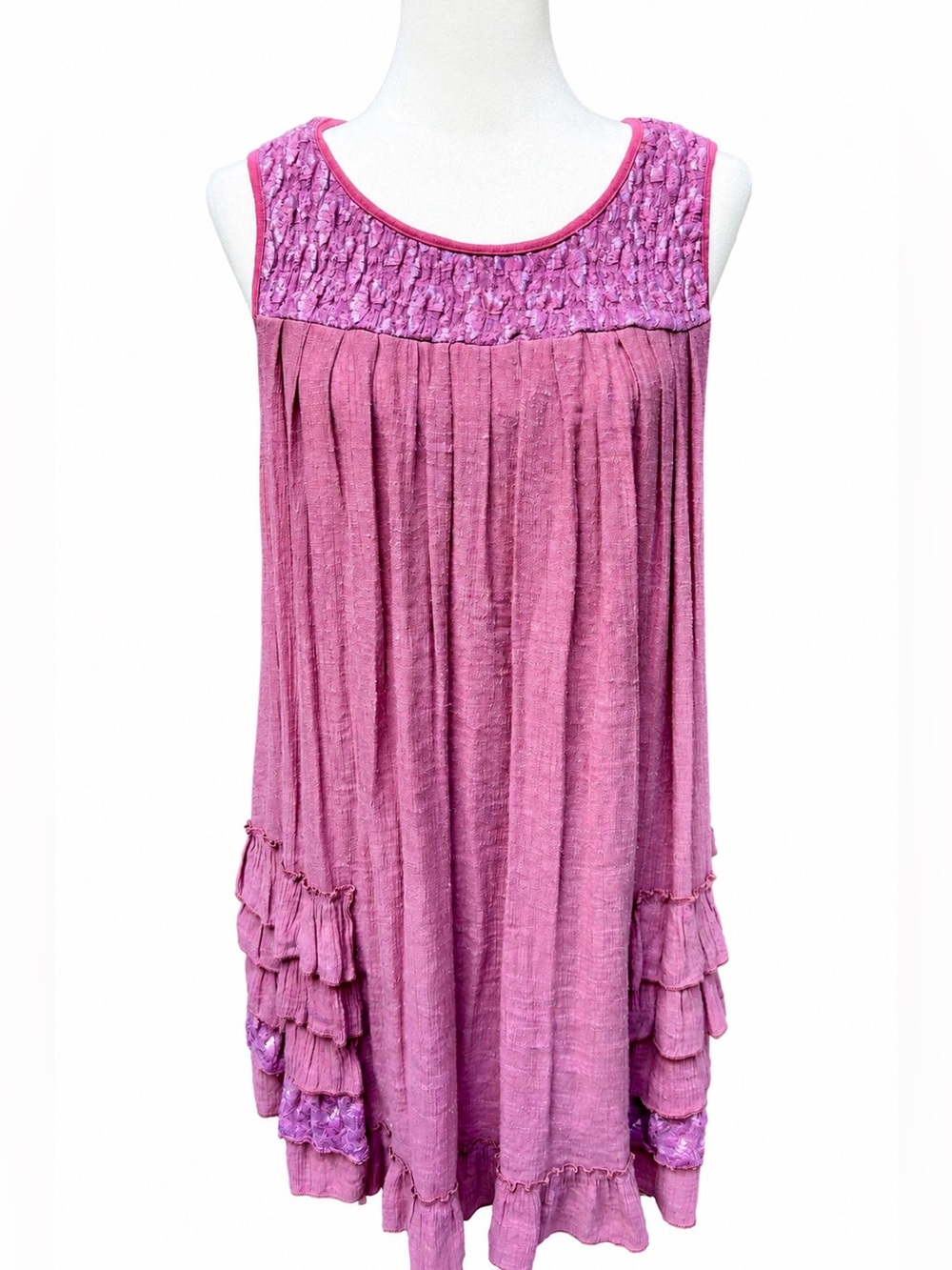 Boho Mauve Sleeveless Tunic Dress | Medium -Textured Yoke | Ruffle Hem